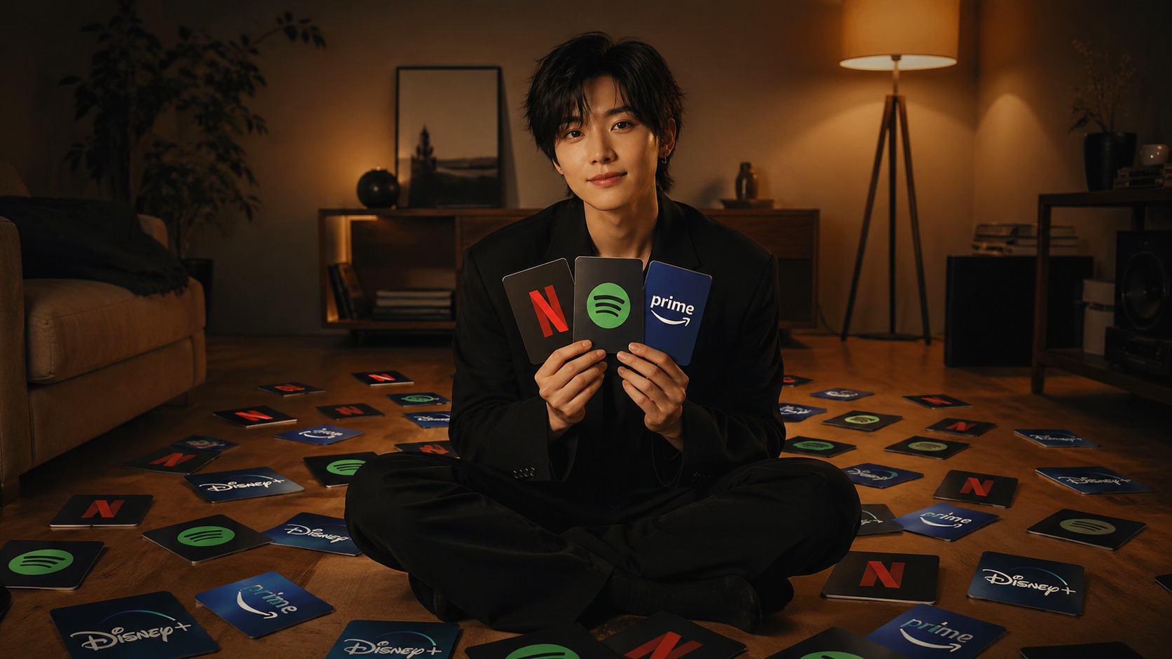 サブスクカードに囲まれ3枚だけを持つかおるん